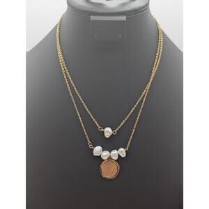 Gold Stainless Steel Pearl Double Strand Spanish 'Our Father' 17.5" Necklace